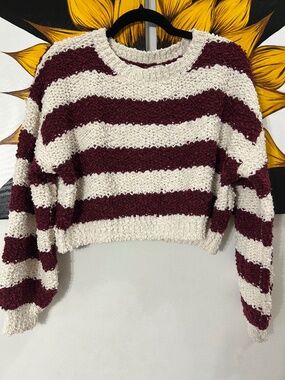 Maroon Striped Cropped Sweater | Cozy Casual Knit Pullover Size S